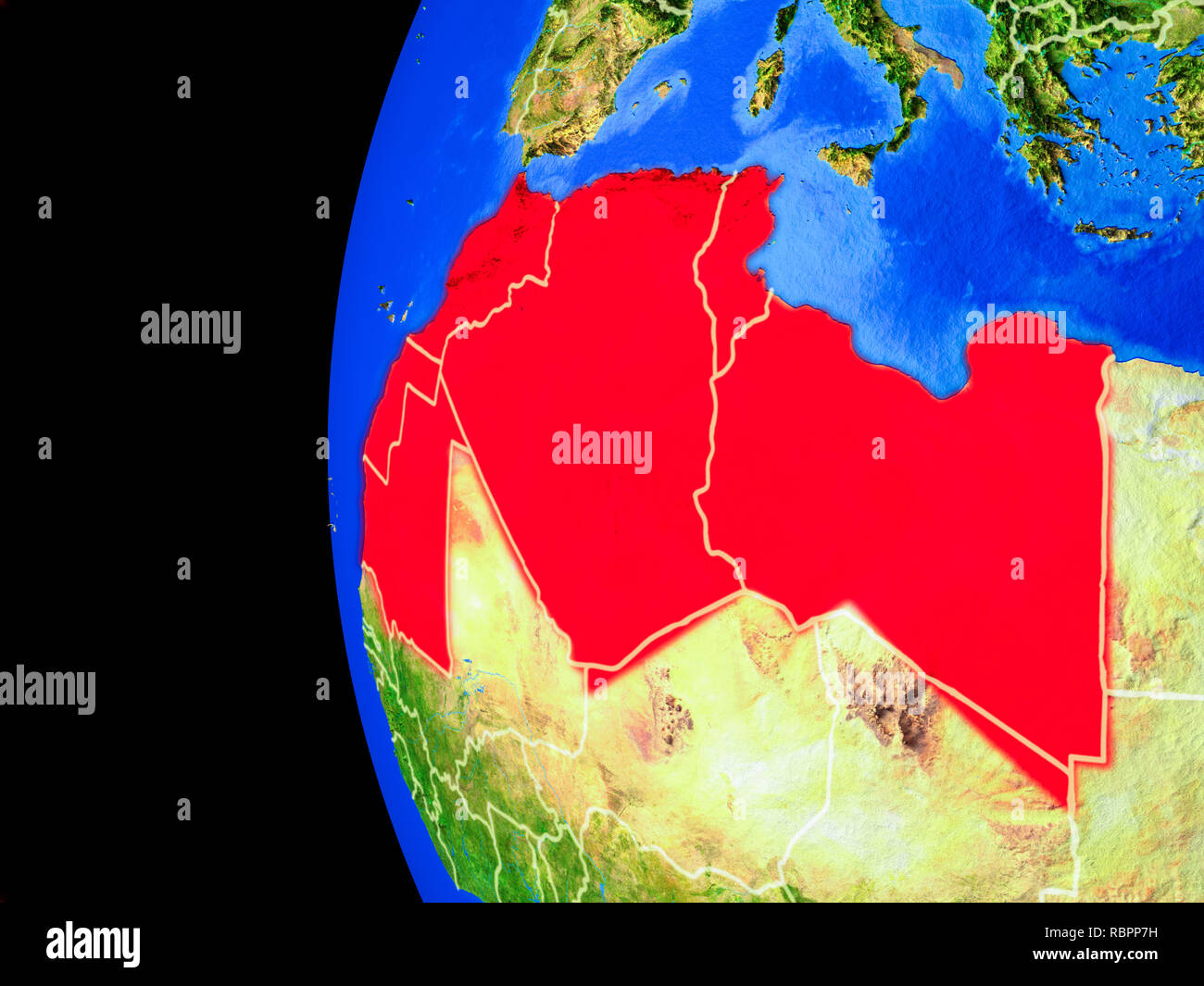 Regione del Maghreb dallo spazio sul modello realistico del pianeta Terra con i confini e dettagliata pianeta superficie. 3D'illustrazione. Gli elementi di questa immagine Foto Stock