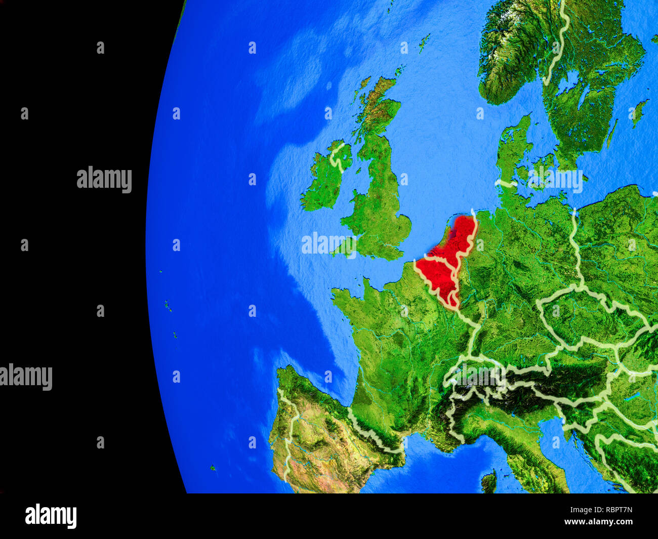 Unione Benelux dallo spazio sul modello realistico del pianeta Terra con i confini e dettagliata pianeta superficie. 3D'illustrazione. Gli elementi di questa immagine Foto Stock
