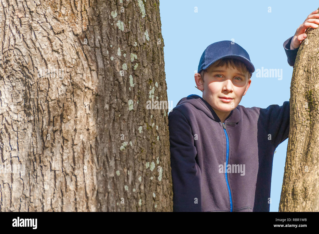 Close up di un giovane ragazzo in un albero di indossare una felpa blu e tappo a sfera guardando la fotocamera Foto Stock