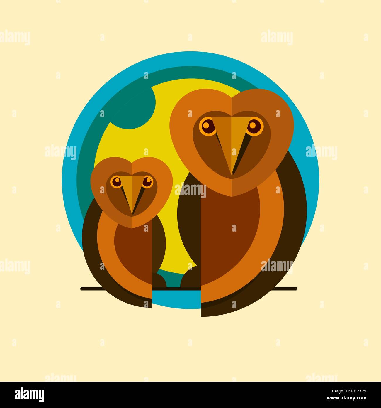 Due Civette Logo seduto su un ramo dell'icona piatta . Vettore Illustrazione Vettoriale