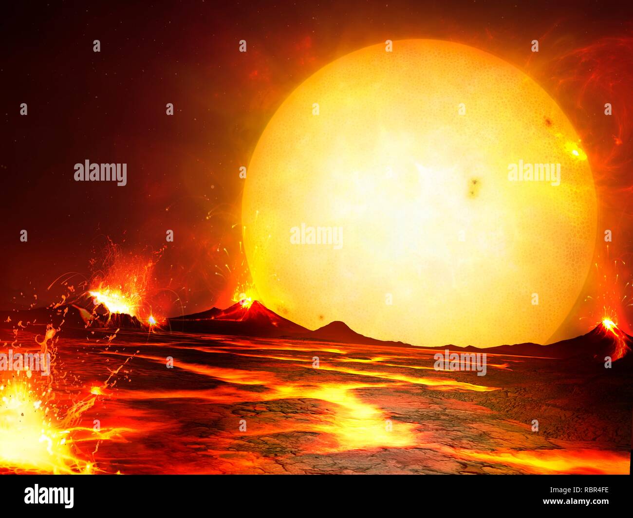 Illustrazione di CoRoT-7b. Questo è un super-terra, scoperto nel 2009 in orbita intorno al sole-come star CoRoT-7 in Monoceros. Il pianeta orbita così strettamente - solo 1 sessantesimo di messa a terra è la distanza dal sole - che gli astronomi ipotizzano che la sua superficie è probabilmente di metallo fuso. Esso può avere iniziato come un molto più massiccia gigante di gas, come Saturno, ma gradualmente perso il suo inviluppo gassoso dovuta alla radiazione dalla sua stella. Tutto ciò che è ora di sinistra è l'originale nucleo roccioso. Temperature diurne sul pianeta può raggiungere 2000 Celsius, ma goccia a -200C sul lato di notte. Foto Stock