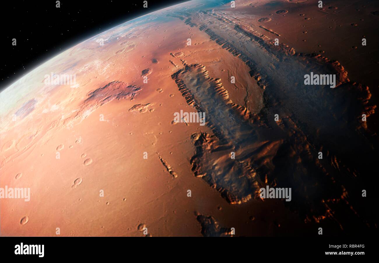 Illustrazione di una vista obliqua del gigante Valles Marineris canyon sistema su Marte. Le Valles Marineris è di oltre 3000 km di lunghezza e fino a 8 km di profondità, rimpicciolendo il Grand Canyon di Arizona. I canyon sono state formate da una combinazione di faulting geologica, frane ed erosione di vento e di antichi flussi di acqua. La vista è guardando ad ovest, da un'altitudine di circa 2000 km, e mostra il canyon riempito con bassa altitudine la nebbia e cloud. Foto Stock