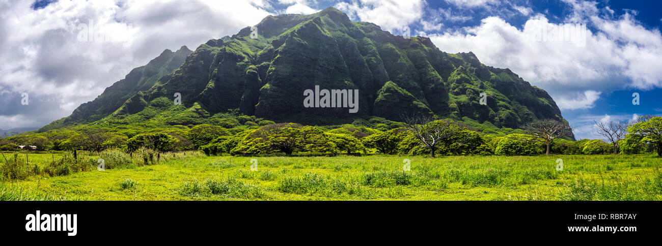 Kualoa mountain range vista panoramica, famosa location del film su Oahu Island, Hawaii Foto Stock