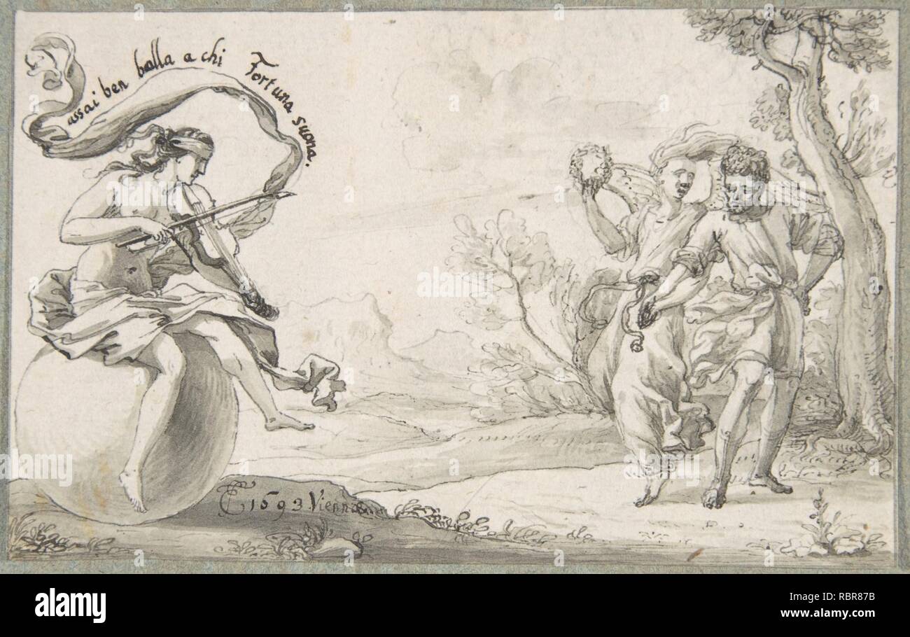 380424 Artista: Monogrammist EF (?), attivo tardo XVII secolo, una coppia di ballo accompagnato da una a occhi bendati Fortune 1693, penna e inchiostro grigio, spazzola e grey wash, foglio: 2 15/16 x 4 3/4 in. (7,5 x 12,1 cm). Foto Stock