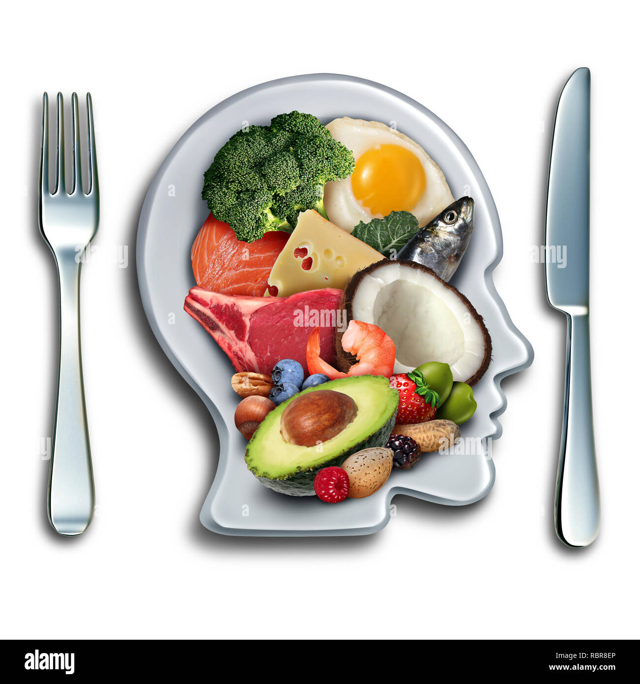 Cheto dieta ketogenic low carb e ad alta percentuale di grassi mangiare cibo stile di vita come dadi di pesce carne uova avocado e altri ingredienti nutritivi come un agente terapeutico. Foto Stock