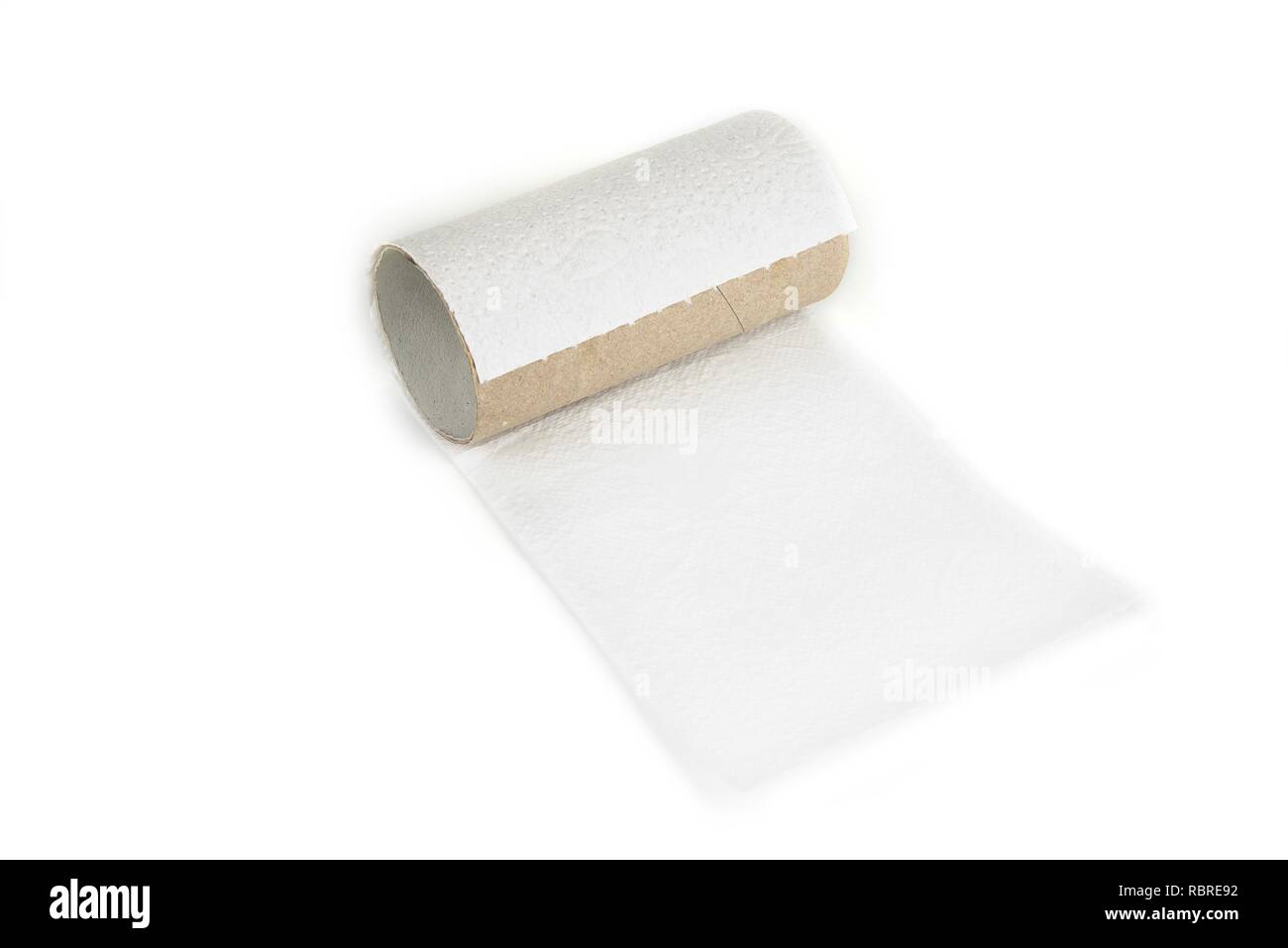 Svuotare la carta igienica rotolo su uno sfondo bianco. Sfortuna concept Foto Stock