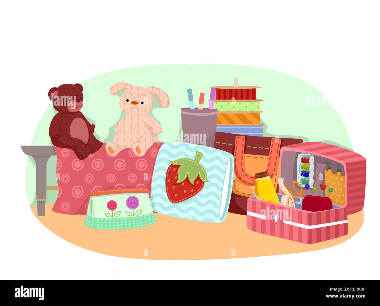 Illustrazione di cucito giocattoli e borse con nastri e nozioni di cucitura Foto Stock