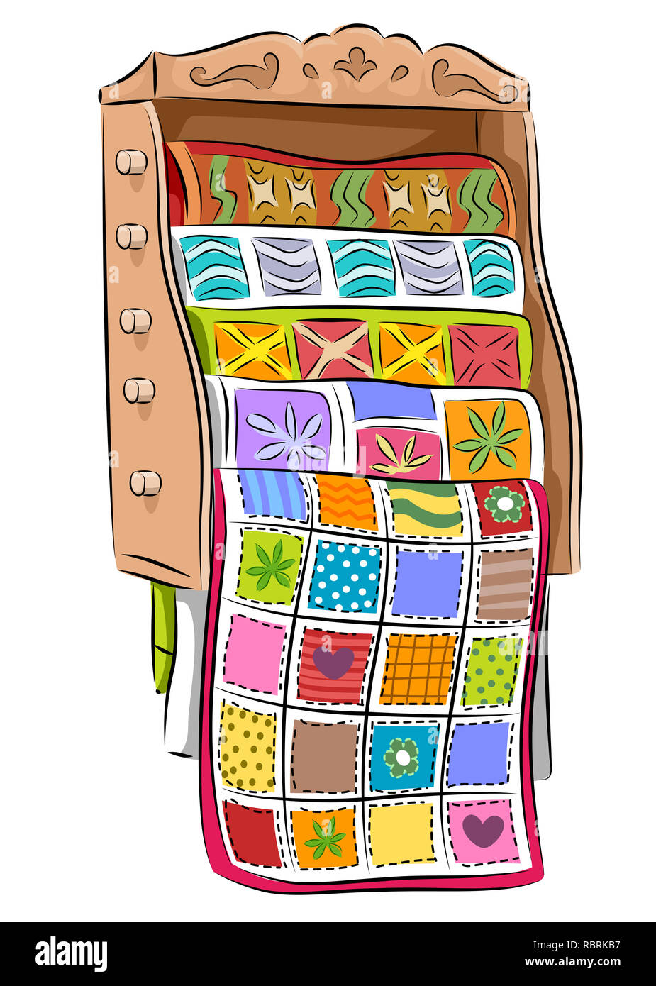 Illustrazione di un quilt Rack pieno di trapunte con diversi colori e motivi Foto Stock