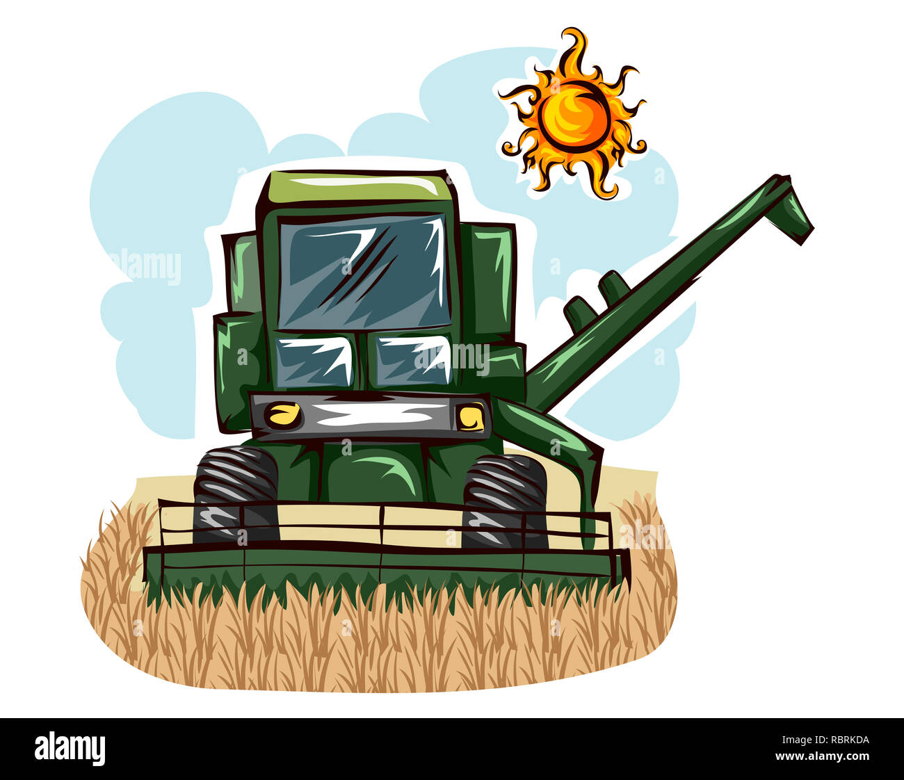 Illustrazione di un Green Farm Harvester nel campo di grano sotto il sole Foto Stock