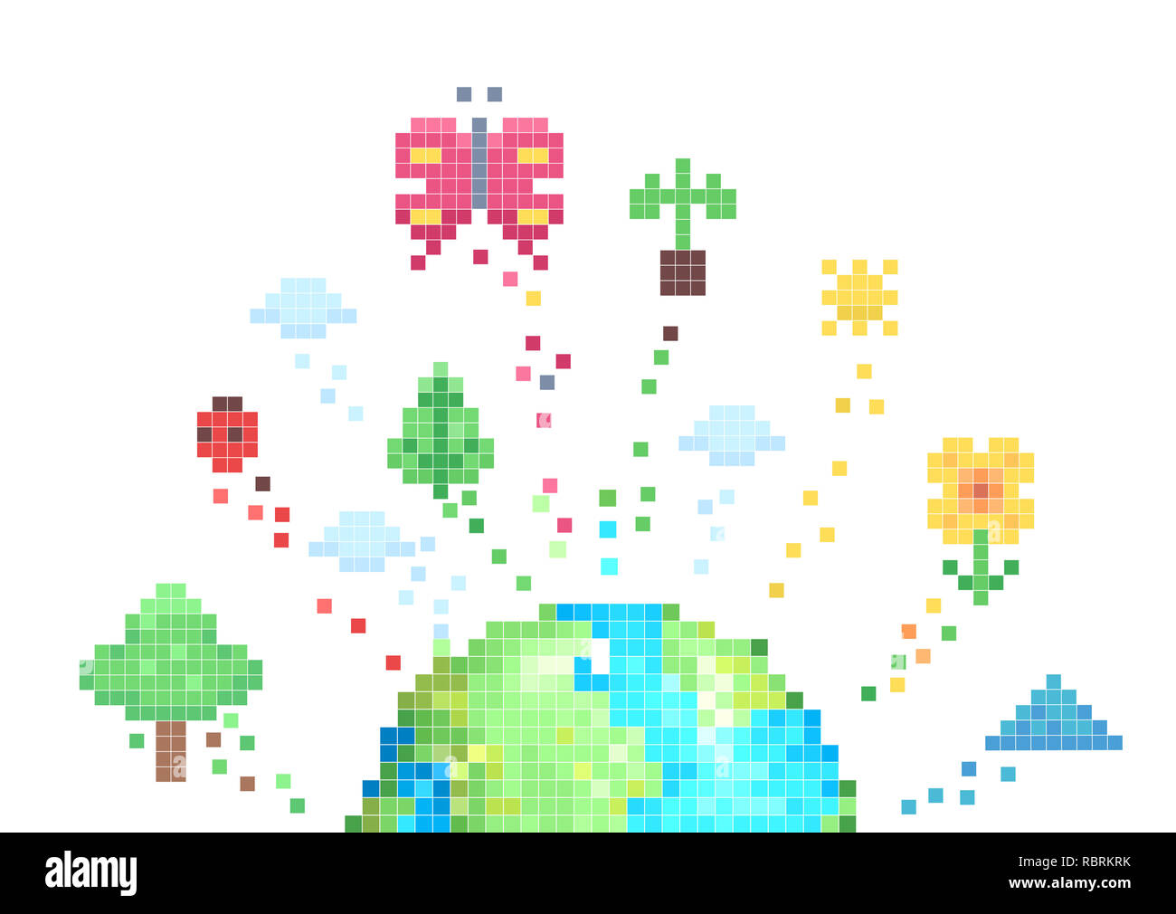Illustrazione della Terra con albero, Butterfly, piante e fiori Foto Stock
