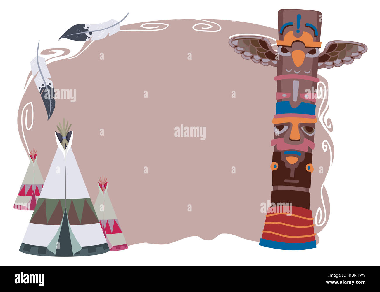 Illustrazione dei Nativi Americani con Design Totem Pole e Teepee Foto Stock