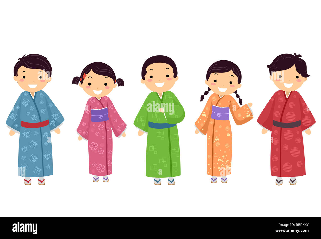 Illustrazione di Stickman ragazzi giapponesi di indossare il kimono in diversi colori Foto Stock