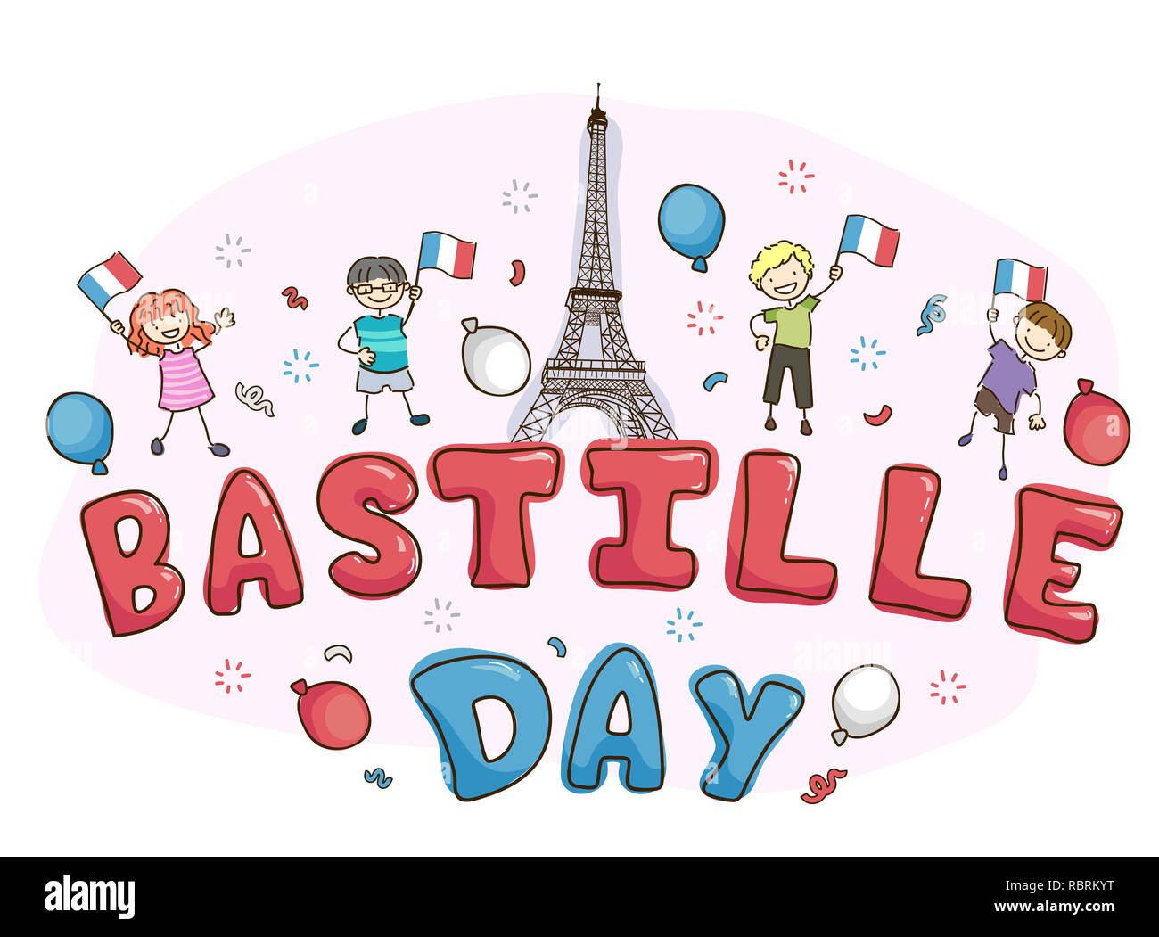 Illustrazione di Stickman Kids tenendo una bandiera della Francia con palloncini e la Torre Eiffel e il giorno della Bastiglia Foto Stock