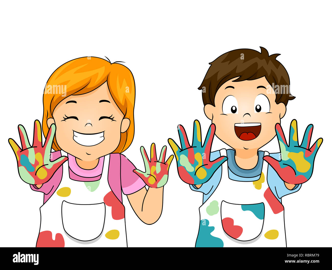 Illustrazione del pittore per bambini che mostra le mani con i colori di vernice che indossa il grembiule Foto Stock