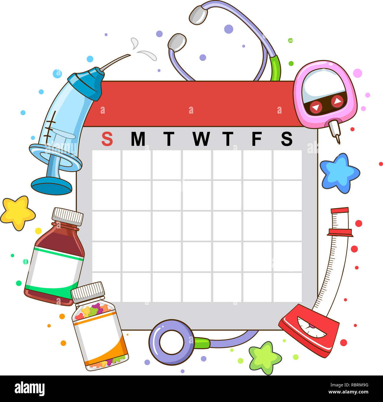 Illustrazione di un calendario vuoto con oggetti Toddler dalla siringa di uno stetoscopio per visita medica di controllo Foto Stock Illustrazione di un calendario vuoto con oggetti Toddler dalla siringa di uno stetoscopio per visita medica di controllo Foto Stock