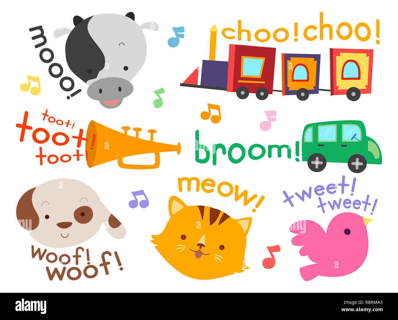 Illustrazione di suoni diversi da animali ai veicoli per bambini come la mucca, treno e avvisatore acustico Foto Stock