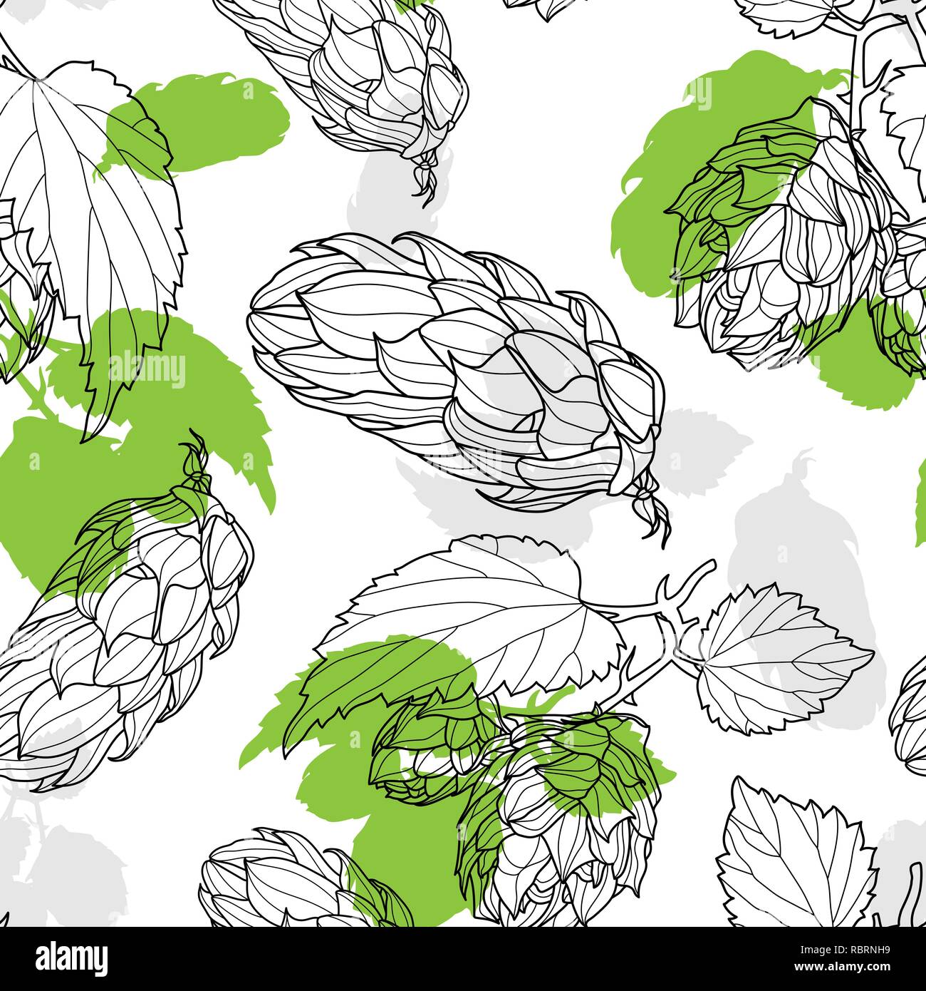 Disegnata a mano il luppolo Seamless pattern. Luppolo o Humulus lupulus ramo con le foglie e i coni. Illustrazione Vettoriale. Illustrazione Vettoriale