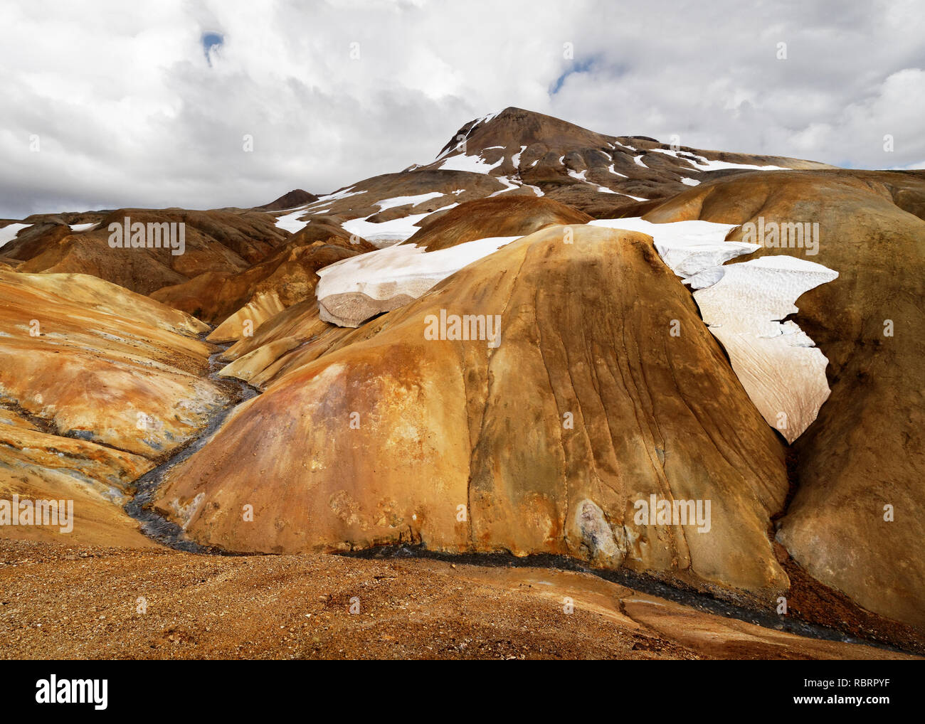 Paesaggio in ocra e toni di marrone con nevai e un piccolo fiume - Location: Islanda, Highlands, area "Kerlingarfjöll' Foto Stock
