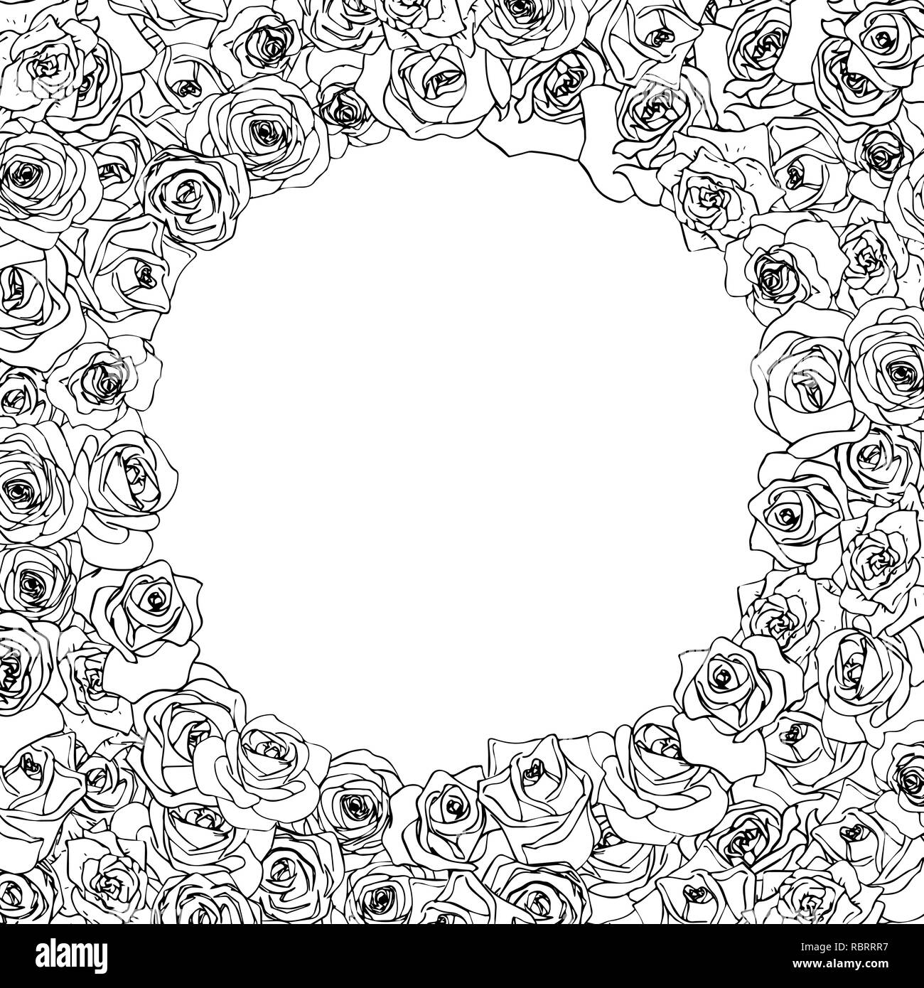 Un sacco di belle rosebuds outline in cornice rotonda isolato su bianco Illustrazione Vettoriale
