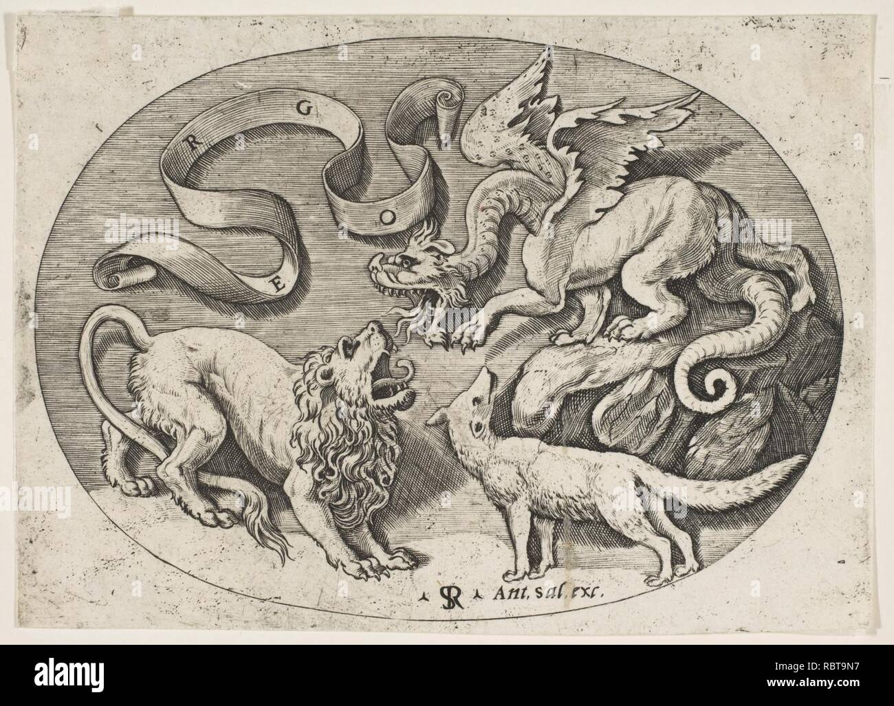 Un Lion, dragon e fox combattersi, inscritto un banderole sopra, una composizione di forma ovale Foto Stock