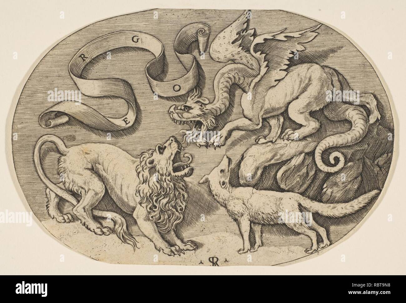 Un Lion, dragon e fox combattersi, inscritto un banderole sopra, una composizione di forma ovale Foto Stock