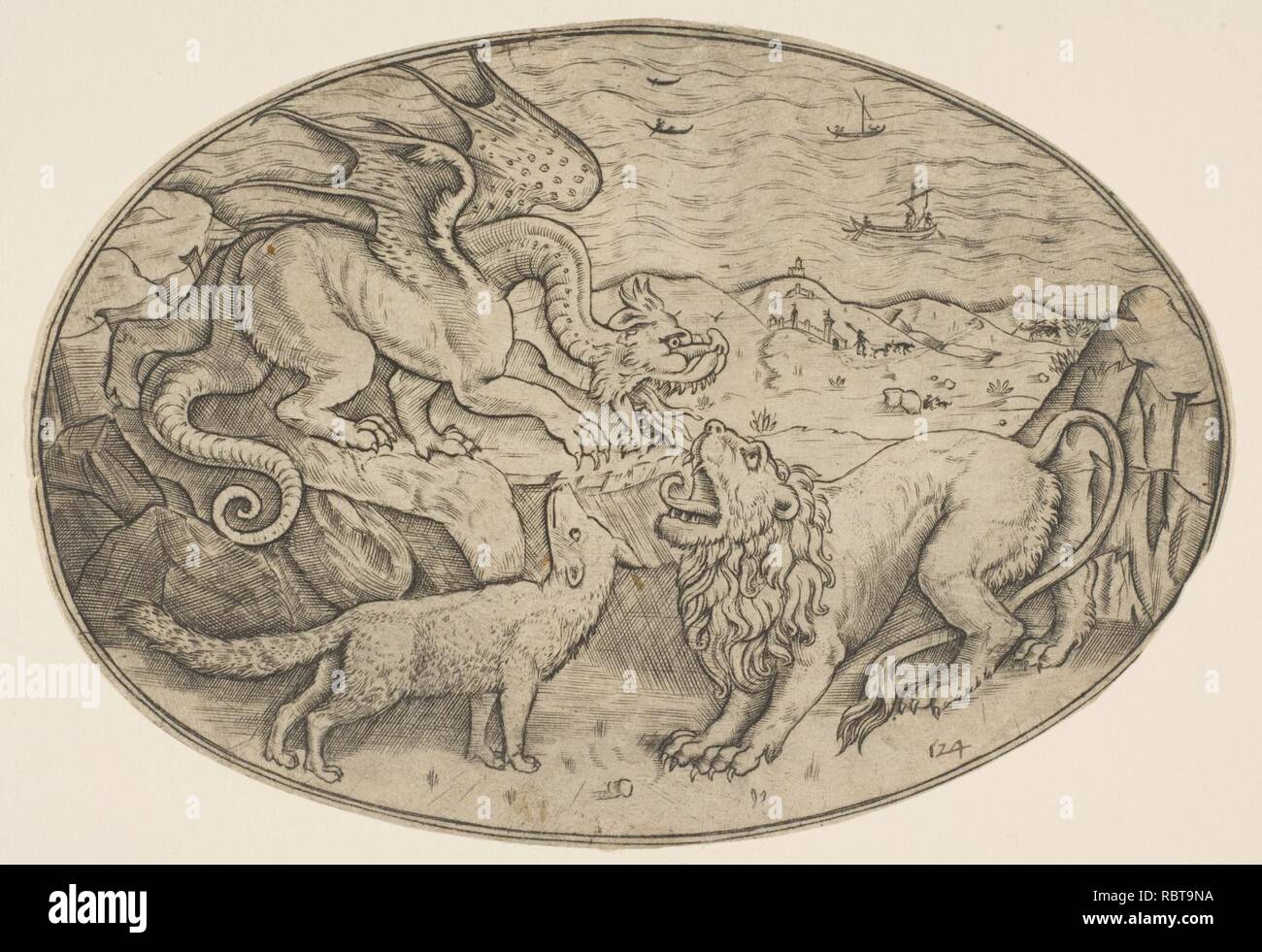 Un Lion, dragon e fox combattersi, barche sul mare in background, una composizione ovale Foto Stock