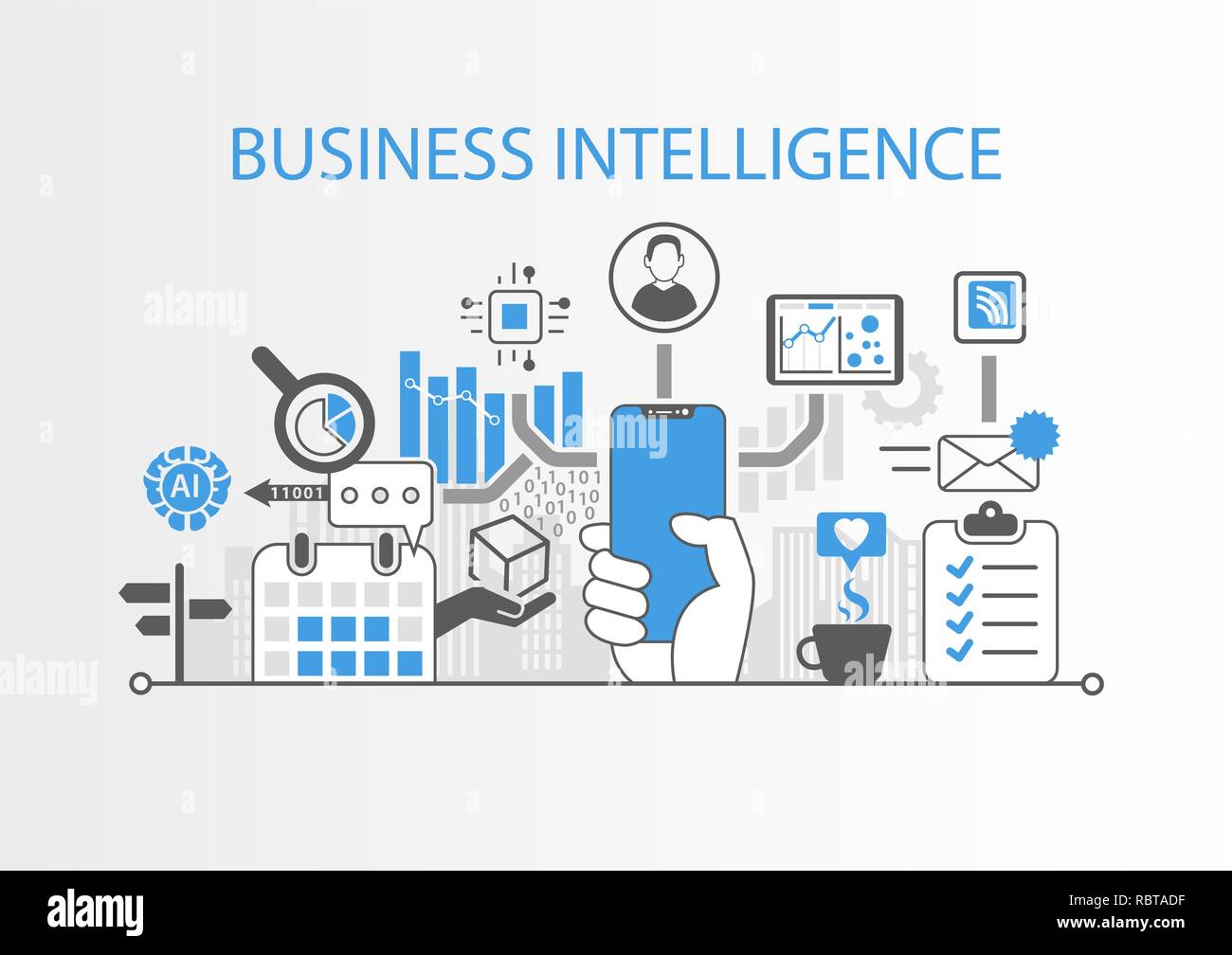Business intelligence concetto con mano azienda cornice moderna gratuita smart phone Illustrazione Vettoriale