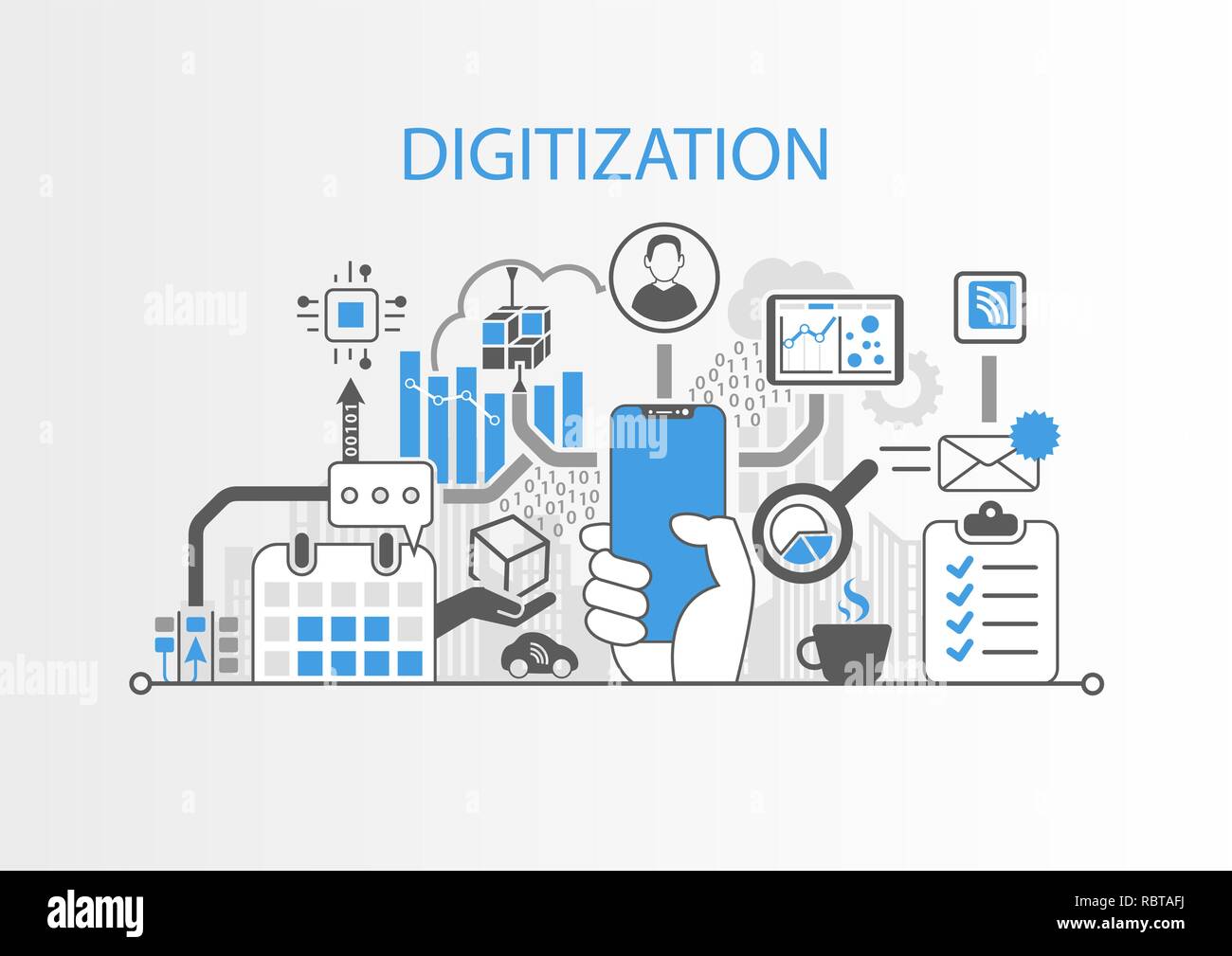 Concetto di digitalizzazione con mano azienda cornice moderna gratuita smart phone Illustrazione Vettoriale