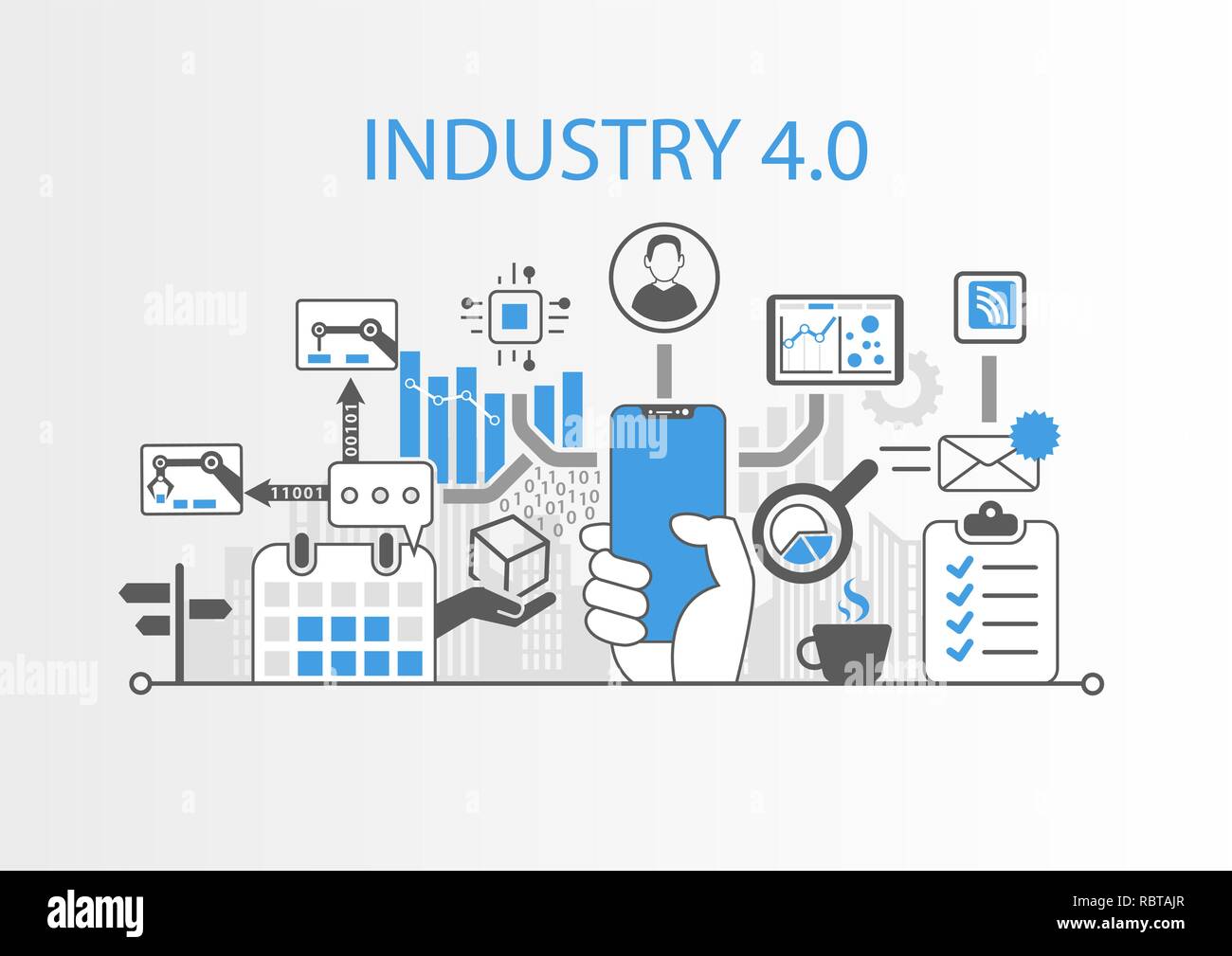 L'industria 4.0 concetto con mano azienda cornice moderna gratuita smart phone Illustrazione Vettoriale