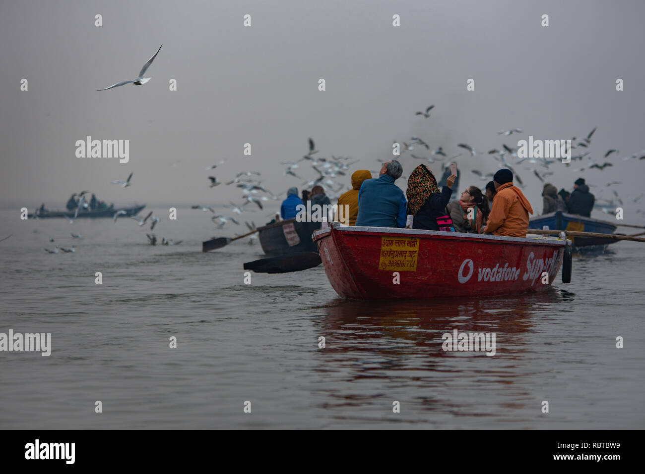 Barche sul Gange nelle prime ore del mattino di Varanasi, India con persone che guardano un nugolo di gabbiani attratti dalla alimentazione fornita dai barcaioli. Foto Stock