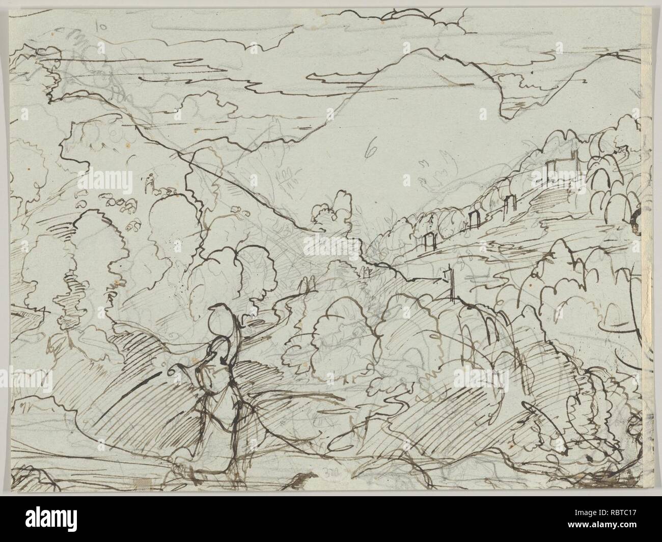 Un italiano seduto Pastore con un bambino piccolo sul suo giro; tergo- Un paesaggio meridionale con una donna che porta un barattolo sulla sua testa Foto Stock