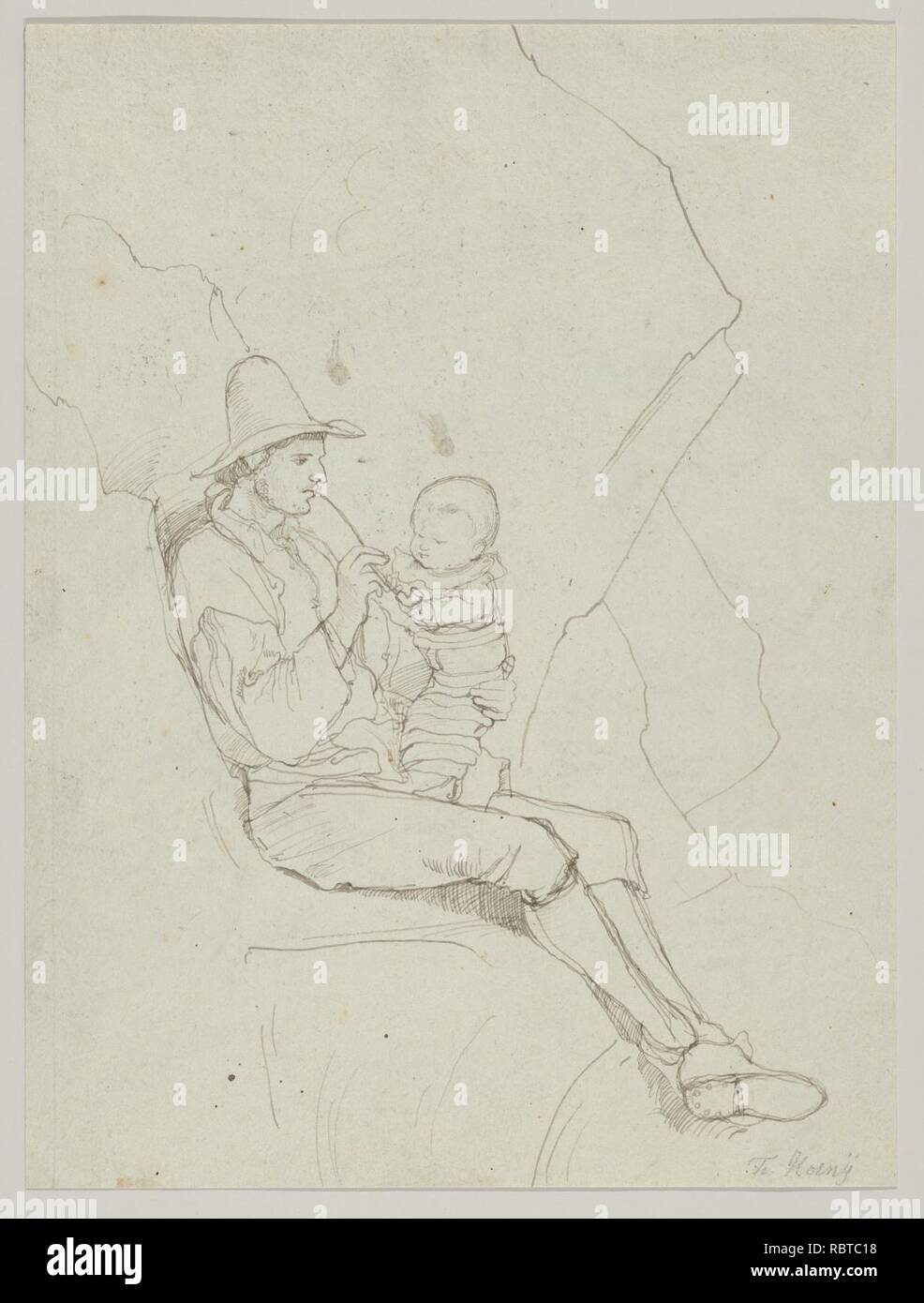 Un italiano seduto Pastore con un bambino piccolo sul suo giro; tergo- Un paesaggio meridionale con una donna che porta un barattolo sulla sua testa Foto Stock