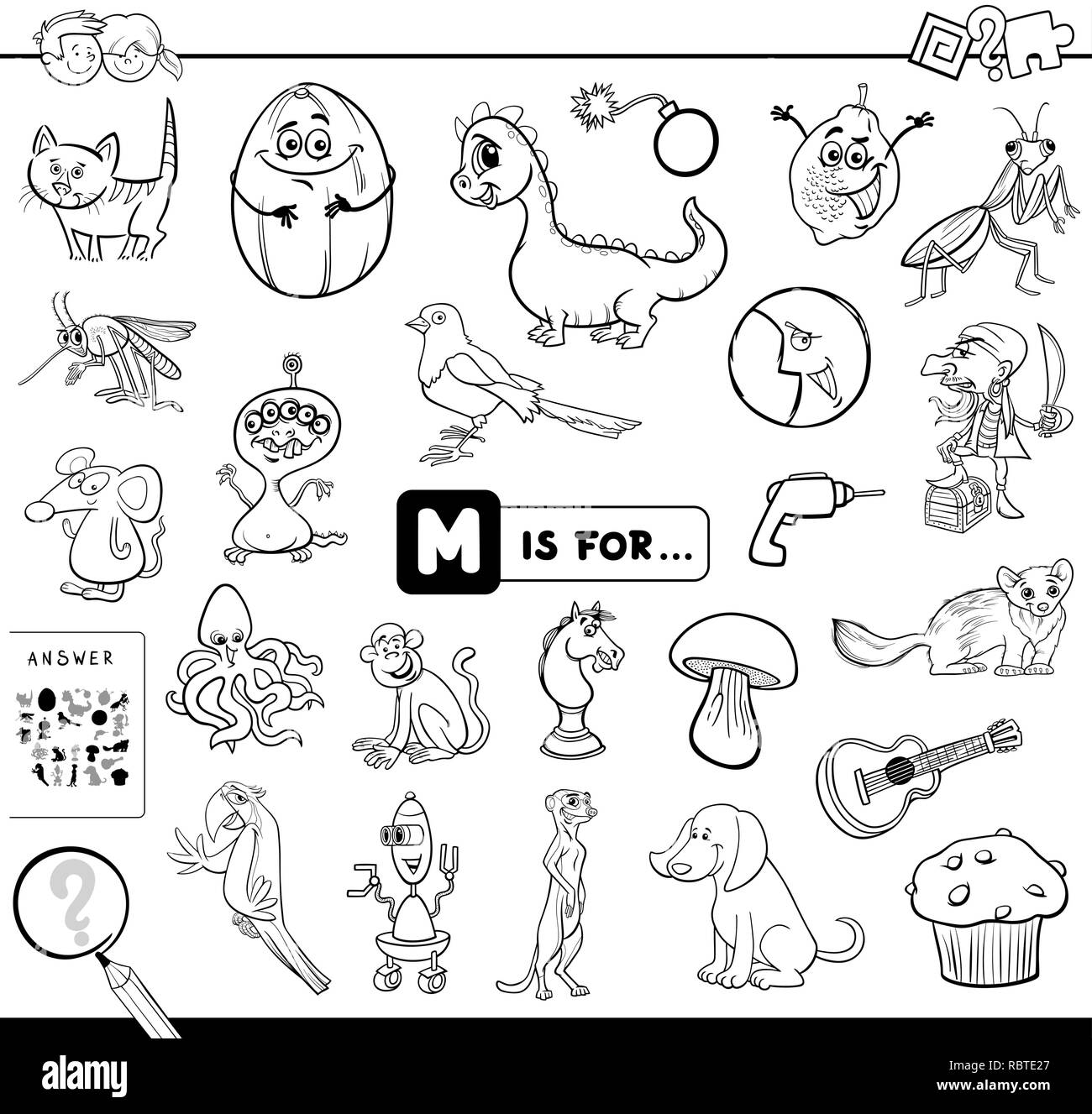 Bianco e Nero Cartoon illustrazione di trovare foto che iniziano con la lettera M Gioco educativo eserciziario per bambini Libro da colorare Illustrazione Vettoriale