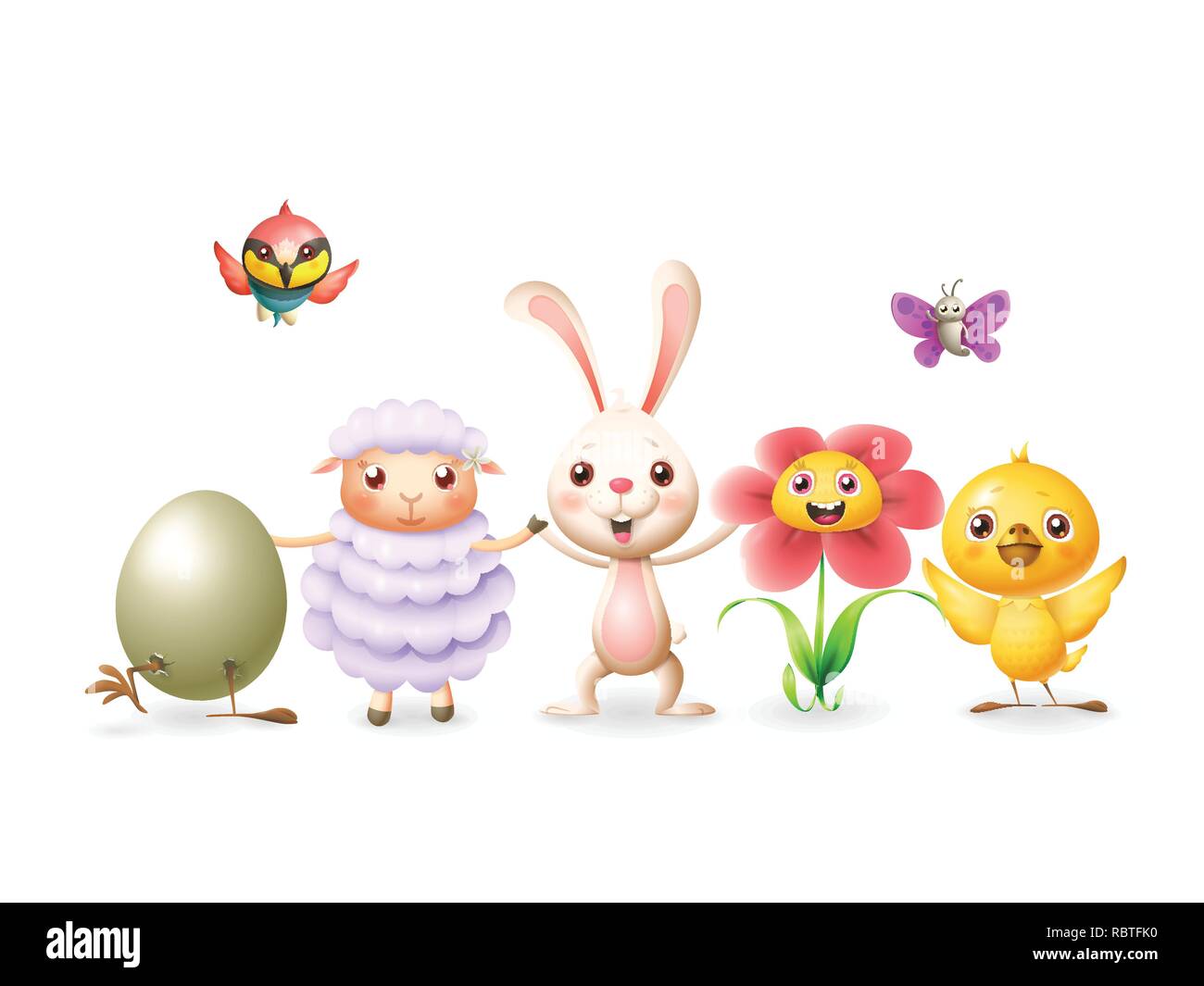 Coniglietto di Pasqua e amici celebrano la Pasqua e la primavera - uovo di pollo fiore di pecora a farfalla e gruccione bird - isolato su bianco Illustrazione Vettoriale