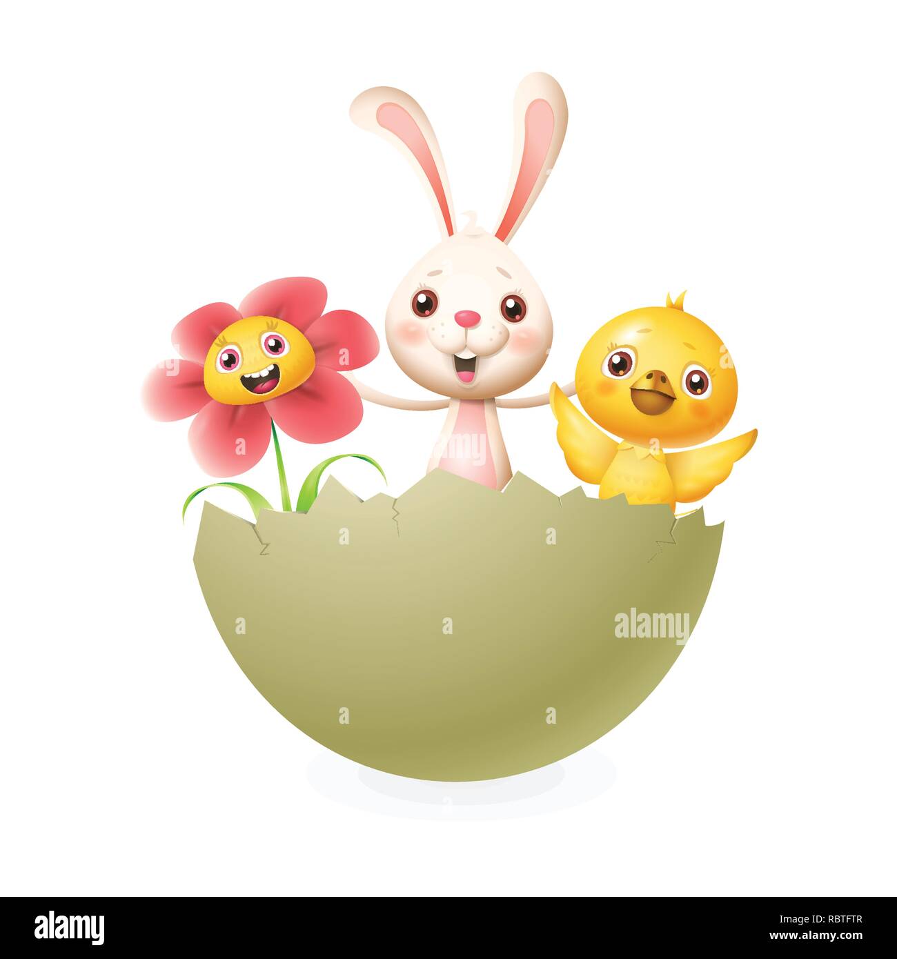 Bunny pollo e fiore celebrare la pasqua in tratteggio uovo - illustrazione di vettore isolato su sfondo bianco Illustrazione Vettoriale