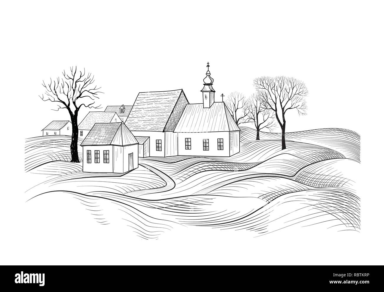 Schizzo della casa di architettura. Lato paese skyline con prospettiva di casa esterna Illustrazione Vettoriale