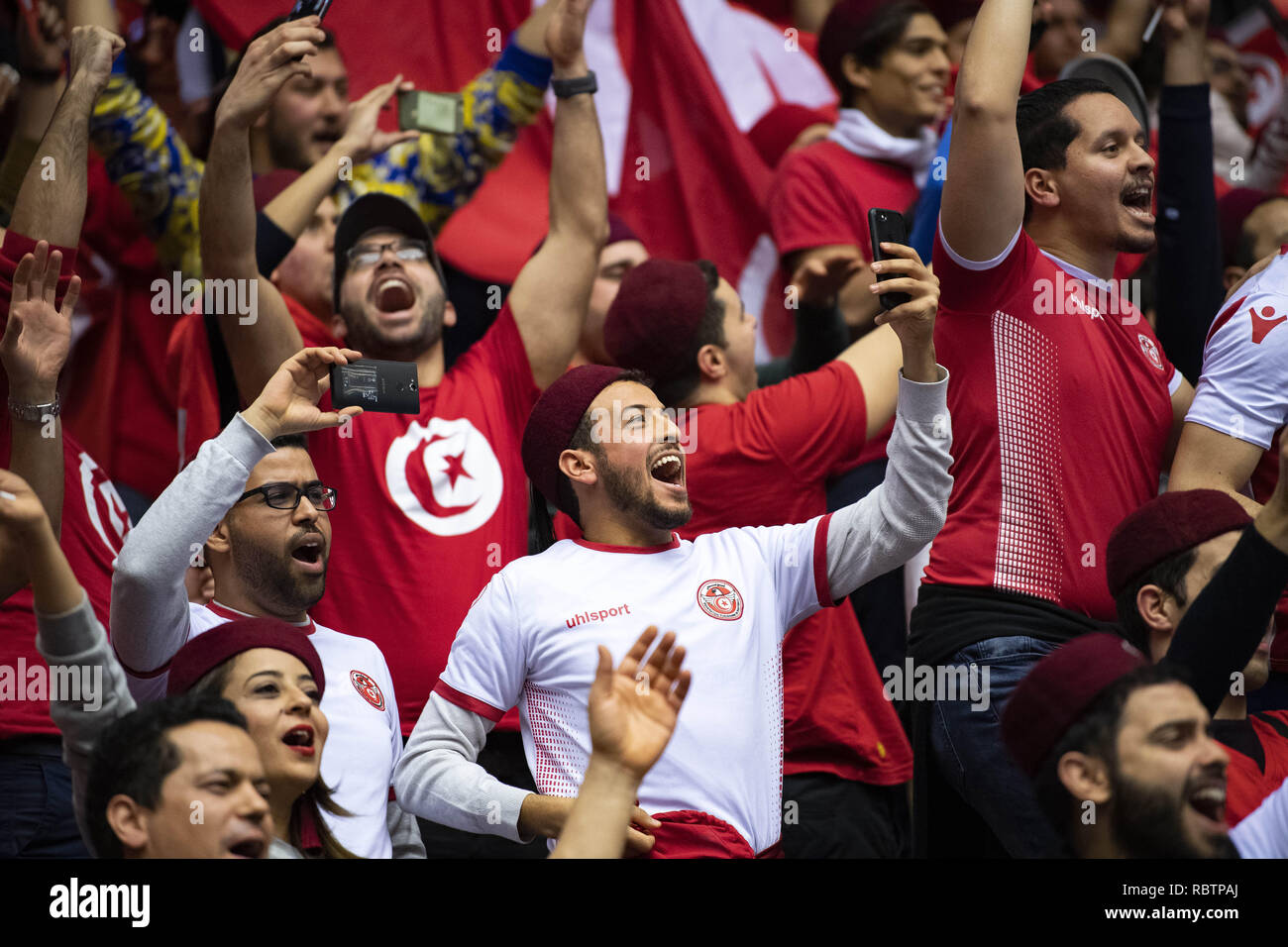 Herning, Danimarca. Xi gen, 2019. Ventole tunisino durante il gruppo C pallamano match tra la Tunisia e la Norvegia in Jyske Bank Boxen di Herning durante il 2019 IHF Pallamano Campionato del Mondo in Germania e Danimarca. Credito: Lars Moeller/ZUMA filo/Alamy Live News Foto Stock