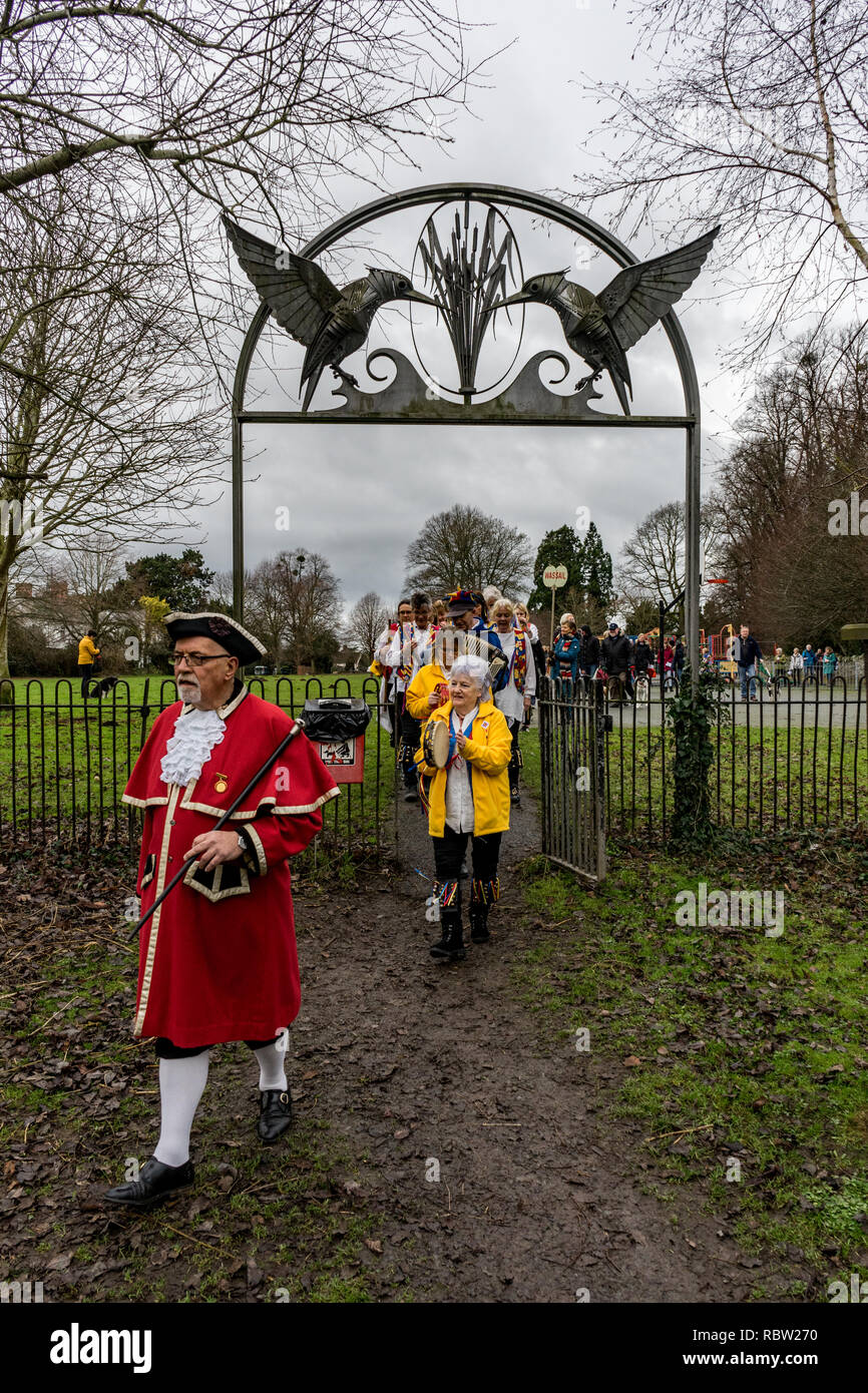 Leominster, UK. Xii gen, 2019. Il Leominster Town Crier conduce come membri dei tubi di Jenny Morris Dance per la folla si sono riuniti per l annuale città Wassail attraverso la cittadina di Leominster, Herefordshire, Regno Unito il 12 gennaio 2019. La tubazioni di Jenny Morris sono denominati dopo l'ultima donna ad essere punito con il ducking sgabello in città nel 1809. Il tradizionale wassail avviene a Leominster Comunità frutteto dove pezzi di toast imbevuto di vino sono appesi i rami degli alberi per incoraggiare Robins nel frutteto per aiutare comabat infestanti che attaccano la apple tres. Credito: Jim Foto Stock