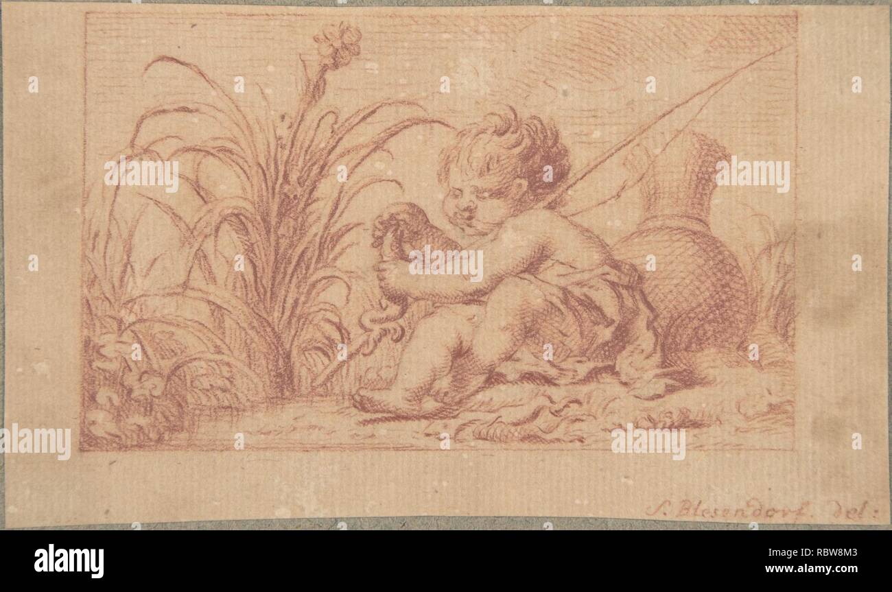 380427 Artista: Sophia Blesendorf, Tedesco, attivo tardo XVII secolo, un putto di pesca, tardo XVII secolo, gesso rosso, foglio: 2 5/8 x 4 1/2 in. (6,7 x 11,4 cm). Foto Stock