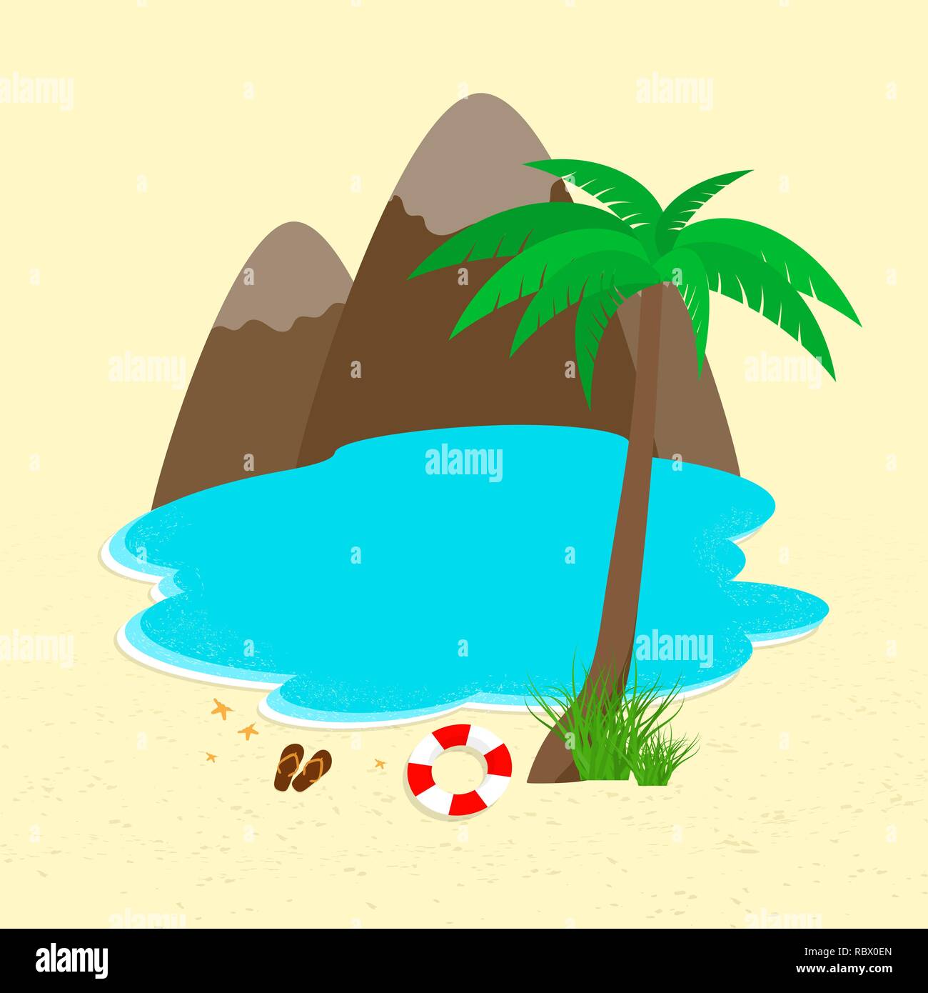 Mare e spiaggia con palme e montagne nel design piatto. Illustrazione Vettoriale. Di viaggio o di Concetto di vacanza Illustrazione Vettoriale