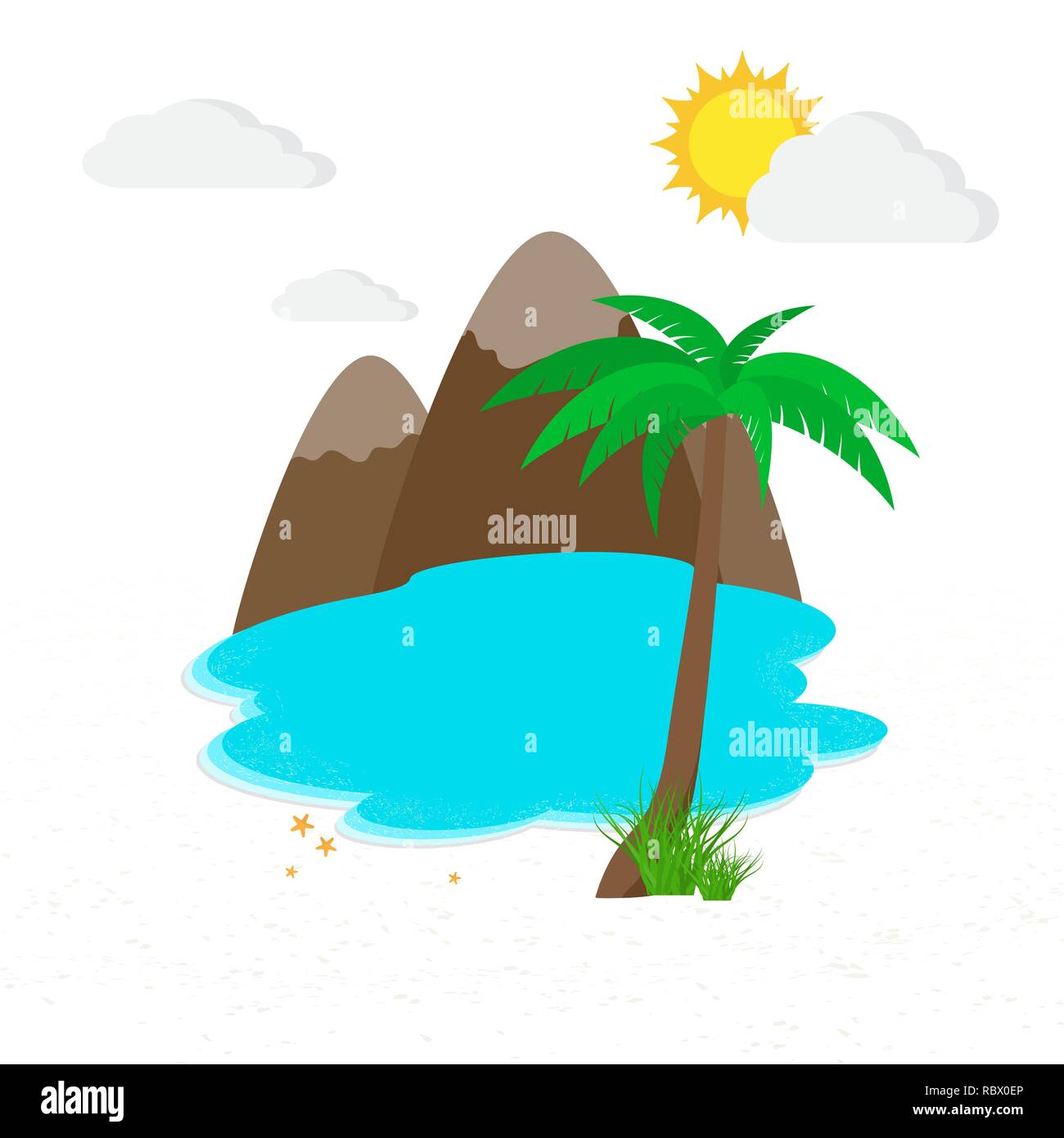 Mare e spiaggia con palme e montagne nel design piatto. Illustrazione Vettoriale. Di viaggio o di Concetto di vacanza Illustrazione Vettoriale