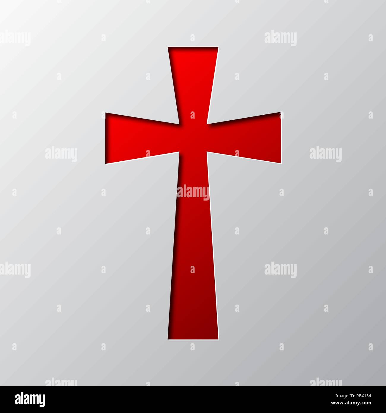 La carta tecnica della rossa croce cristiana isolato. Illustrazione Vettoriale. Una croce cristiana icona è tagliato da un nastro di carta. Illustrazione Vettoriale