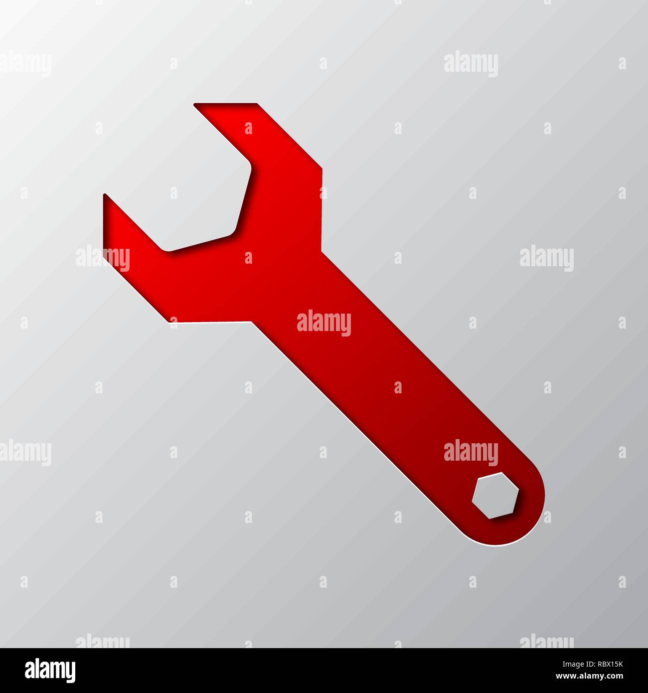 Arte di carta della chiave rossa isolato. Illustrazione Vettoriale. Icona a forma di chiave inglese è tagliato da un nastro di carta. Illustrazione Vettoriale