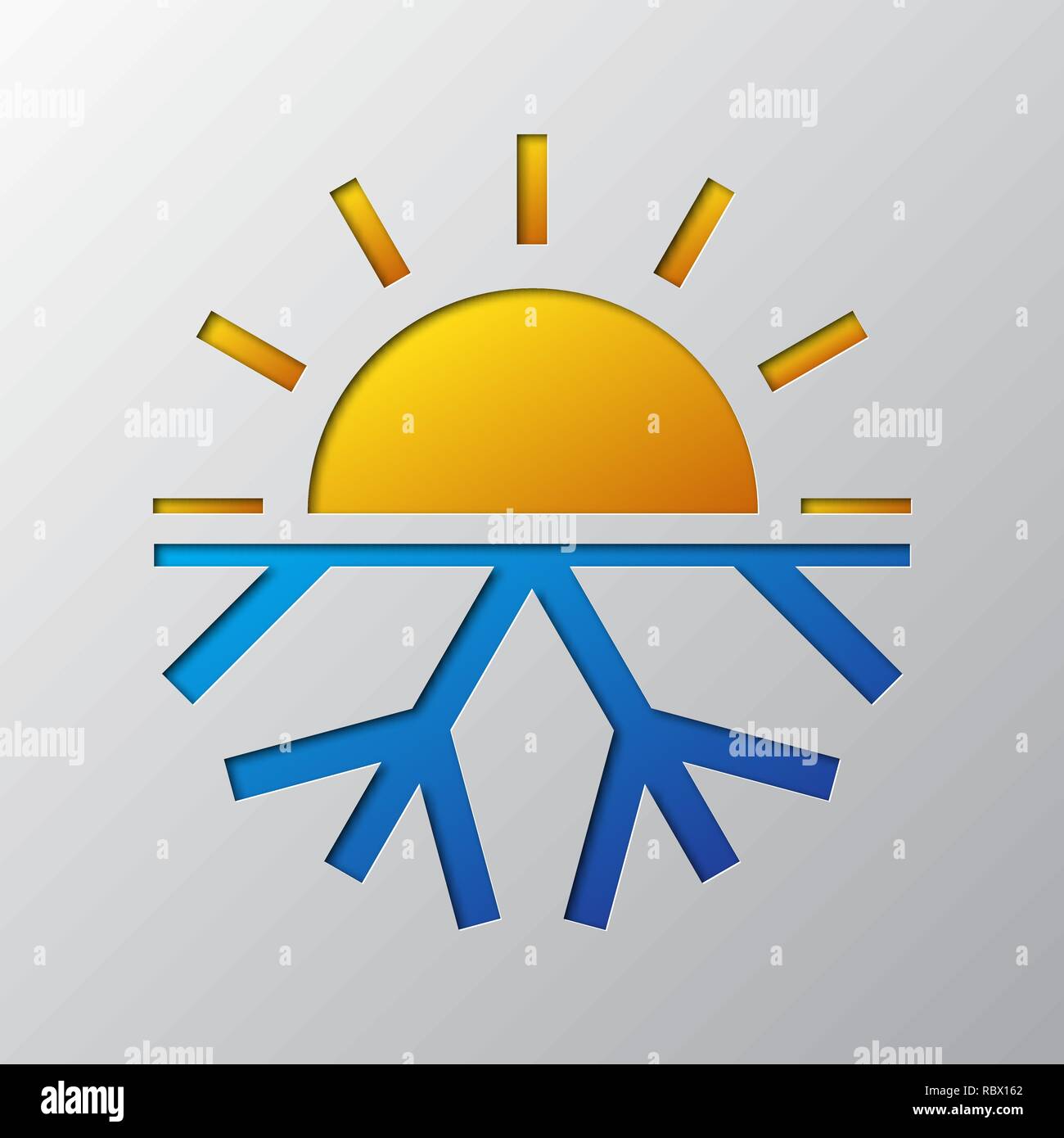 Arte della carta del sole e il simbolo del fiocco di neve, isolata.  Illustrazione Vettoriale. Simbolo del condizionatore aria è tagliato da un  nastro di carta Immagine e Vettoriale - Alamy