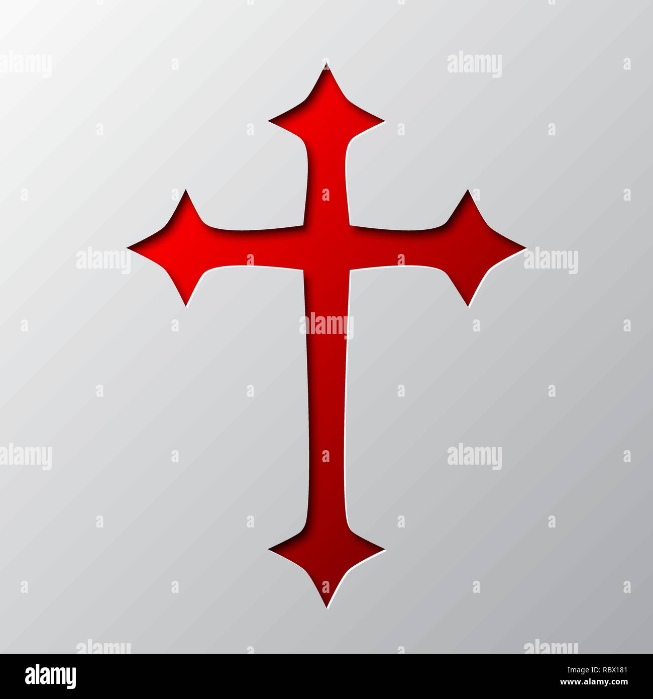 La carta tecnica della rossa croce cristiana isolato. Illustrazione Vettoriale. Una croce cristiana icona è tagliato da un nastro di carta. Illustrazione Vettoriale