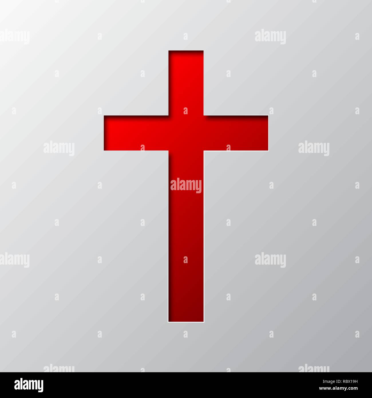La carta tecnica della rossa croce cristiana isolato. Illustrazione Vettoriale. Una croce cristiana icona è tagliato da un nastro di carta. Illustrazione Vettoriale