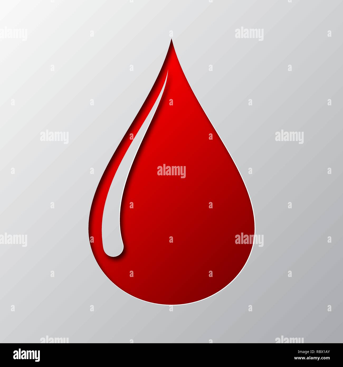 Arte della carta del sangue rosso isolato di caduta. Illustrazione Vettoriale. Goccia di sangue icona è tagliato da un nastro di carta. Illustrazione Vettoriale