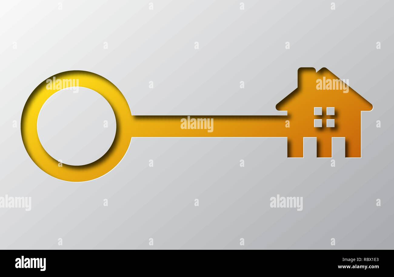 Arte di carta della casa gialla con chiave, isolata. Illustrazione Vettoriale. Chiave con edificio icona è tagliato da un nastro di carta. Illustrazione Vettoriale