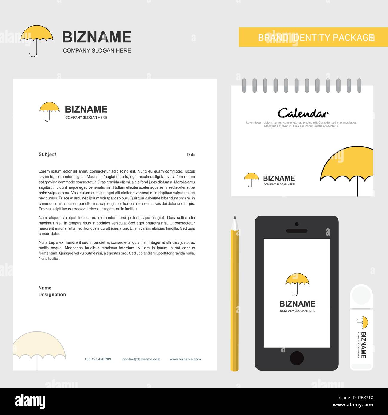 Ombrello carta intestata aziendale, calendario 2019 e Mobile app design template vettoriale Illustrazione Vettoriale