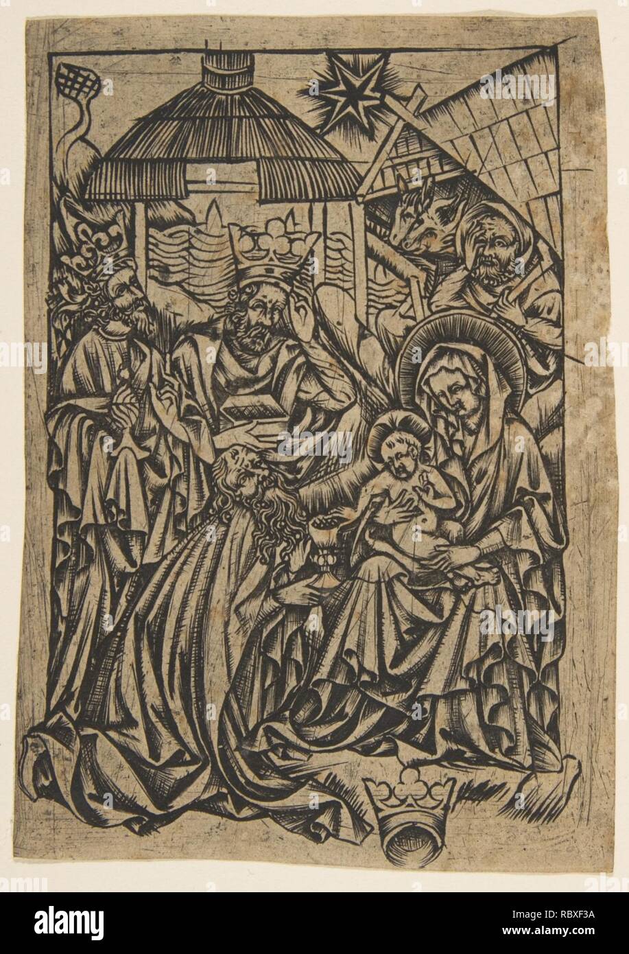 382474 Artista: Anonimo, tedesco, del XV secolo, l'Adorazione dei Magi del xv secolo, foglio: 4 7/8 x 3 1/2 in. (12,4 x 8,9 cm). Foto Stock